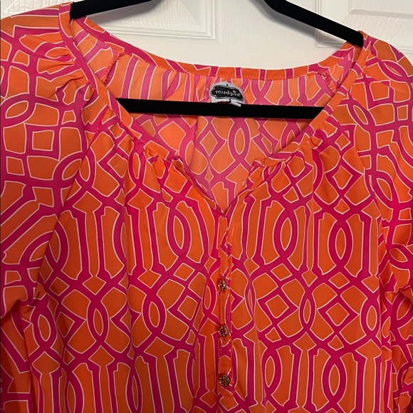 Mud Pie Pink and Orange Geometric Blouse - Picture 3 of 6